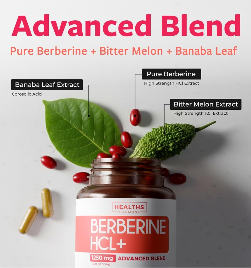Berberine Supplement (Non-GMO & Vegetarian) Berberine HCL Plus Bitter Melon & Banaba Leaf Extract Capsules - Berberine 500mg Each, 1000mg Per Serve - AMPK Metabolic Activator - 60 Caps (No Pills) 3
