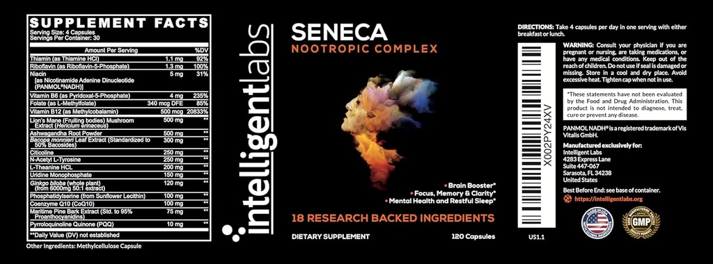 Intelligent Labs Seneca Nootropic Brain Support Supplement | Focus, Memory & Clarity | 18 Brain-Boosting Ingredients | B-Complex Vitamins, Lion’s Mane & Ashwagandha | Caffeine & Stimulant Free 3