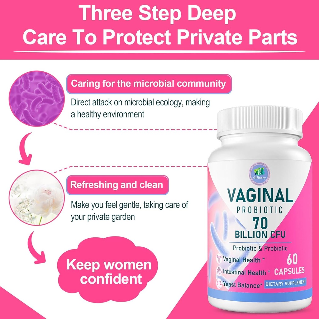 Vaginal Probiotics, PH Balance for Women, 70 Billion CFUs Womens Probiotic for Vaginal Health, Urinary, Odor Control, Flor, Ph Balance & Hormone, with Prebiotic & D-Mannose - Shelf Stable, 60 Caps 6