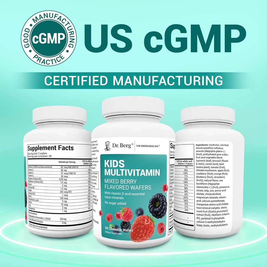 Dr. Berg Kids Chewable Multivitamins (NOT Sweetened w/Sugar) - Daily Multivitamin for Kids That Includes 20 Nutrients & Trace Mineral Complex - Mixed Berry Chewable Vitamins for Kid - Red Wafers 5