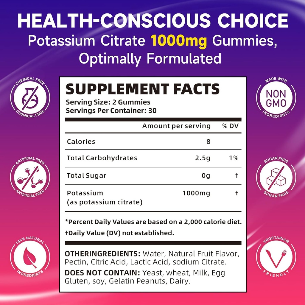 Potassium Citrate Gummies for Adults, Sugar-Free Potassium 1000mg Support Leg Cramps & Electrolyte Balance High Potency 60 Count 3