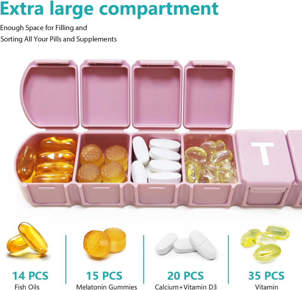 MOLN HYMY Extra Large Weekly Pill Organizer 7 Day, XL 1 Week Pill Dispenser Case, Daily Medicine Organizer to Hold Vitamin Filsh Oil and Supplements (Pink) 4