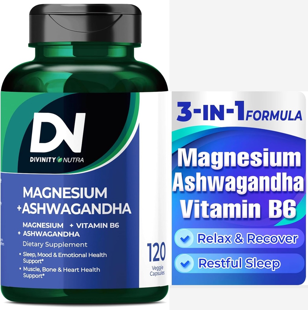 Divinity Nutra Magnesium Ashwagandha Supplement, Calming Magnesium Glycinate & Malate Vitamin B6 for Muscles Bone Health Support Muscle Recovery, Calm & Relaxation 468mg 120 ct (2 Month Supply) 2