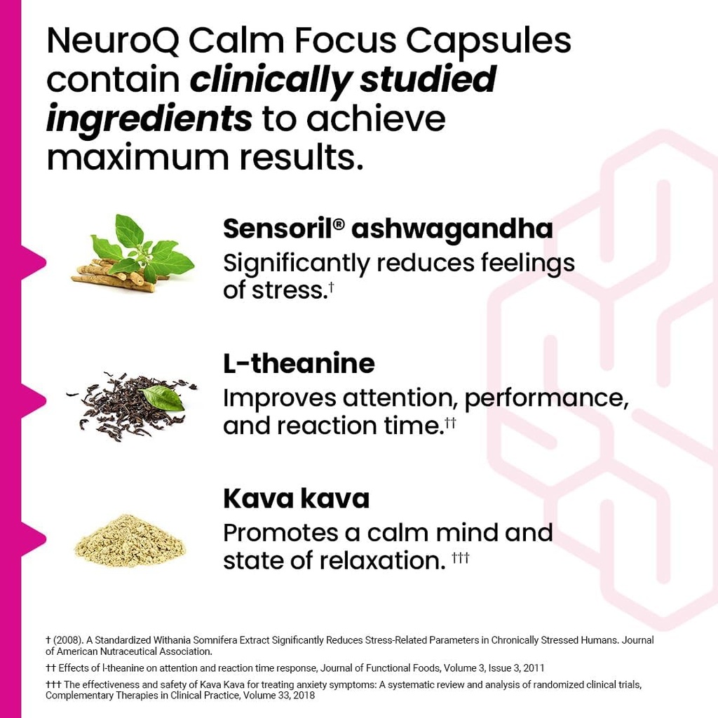 NeuroQ Calm Focus Capsules - Stress Relief Supplement - Supports Mental Function & Relaxation - Sensoril Ashwagandha, Magnesium, GABA, L-Theanine, Andean Cocoa & Kava Kava - 60 Capsules 4