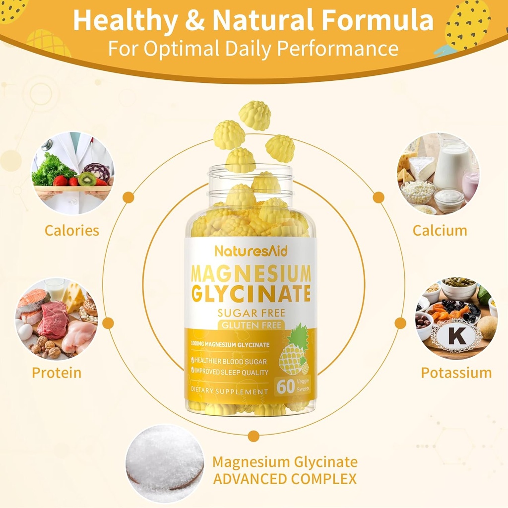 Magnesium Glycinate Gummies 1000mg - Sugar Free Magnesium Potassium Supplement with Vitamin D, B6, CoQ10 for Calm Mood & Sleep Support - 60 Pineapple Gummies -1 Pack 4