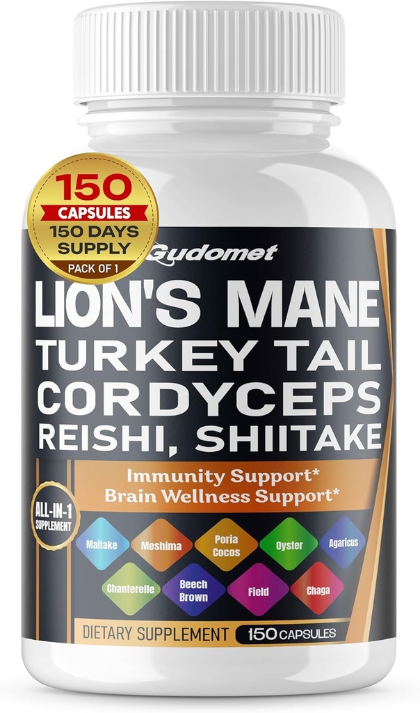 Organic Lion's Mane Turkey Tail Cordyceps Reishi Shiitake Maitake Meshima Poria Cocos Oyster Mushroom Agaricus Chaga Shiitake Snow Mushroom -150 Capsules- Made in USA 2