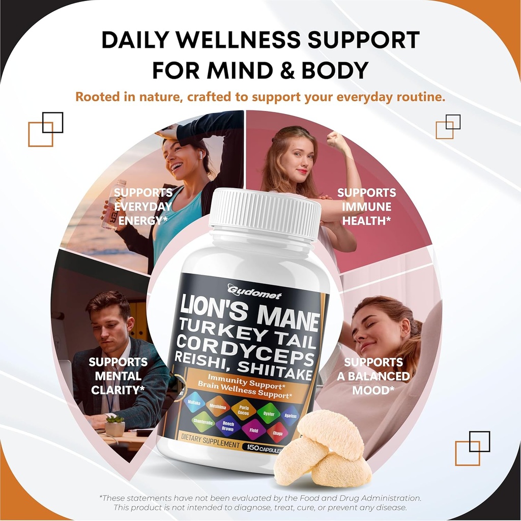 Organic Lion's Mane Turkey Tail Cordyceps Reishi Shiitake Maitake Meshima Poria Cocos Oyster Mushroom Agaricus Chaga Shiitake Snow Mushroom -150 Capsules- Made in USA 4