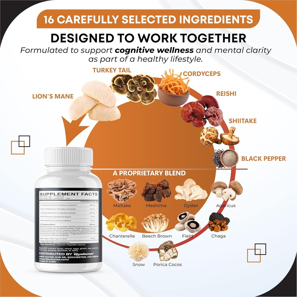 Organic Lion's Mane Turkey Tail Cordyceps Reishi Shiitake Maitake Meshima Poria Cocos Oyster Mushroom Agaricus Chaga Shiitake Snow Mushroom -150 Capsules- Made in USA 5