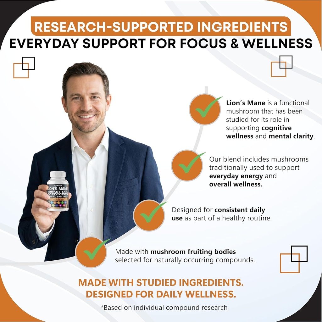 Organic Lion's Mane Turkey Tail Cordyceps Reishi Shiitake Maitake Meshima Poria Cocos Oyster Mushroom Agaricus Chaga Shiitake Snow Mushroom -150 Capsules- Made in USA 6