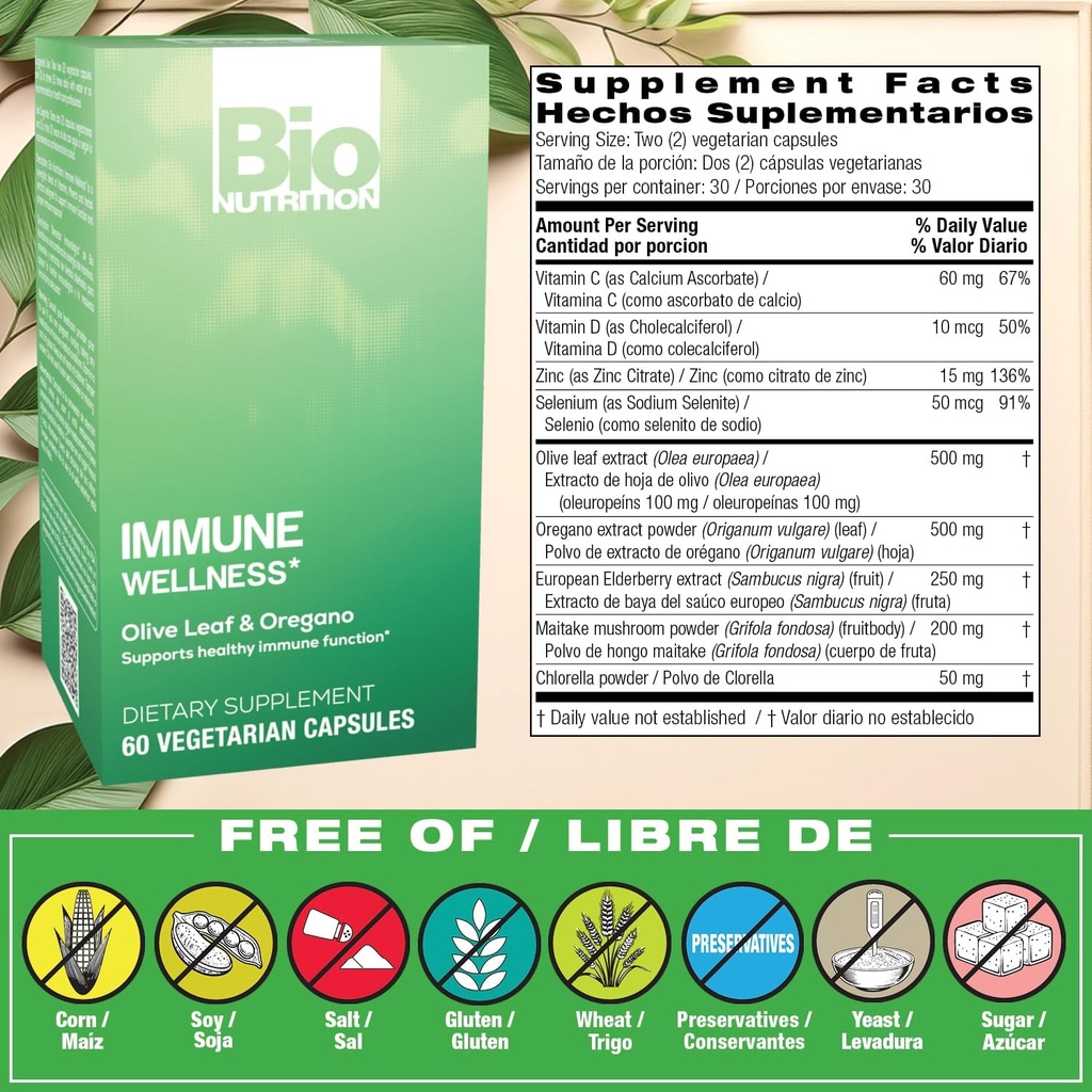 Bio Nutrition Immune Wellness Supplement 60 Vegetarian Capsules | Olive Leaf and Oregano | Minerals and Antioxidants for General Health Support | Immune Support 3