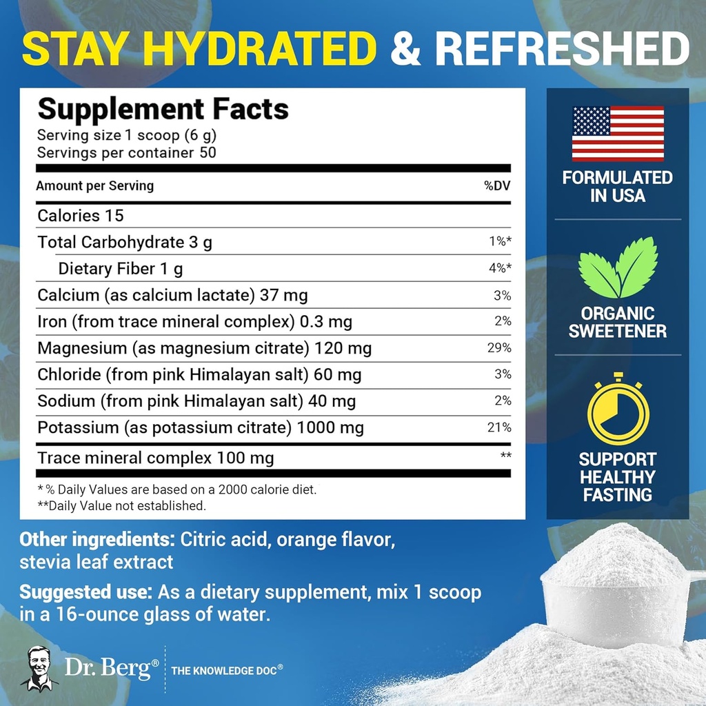 Dr. Berg Zero Sugar Hydration Keto Electrolyte Powder - Enhanced w/ 1000 mg of Potassium & Real Pink Himalayan Salt (NOT Table Salt) - Orange Flavor Hydration Drink Mix Supplement - 50 Servings 4
