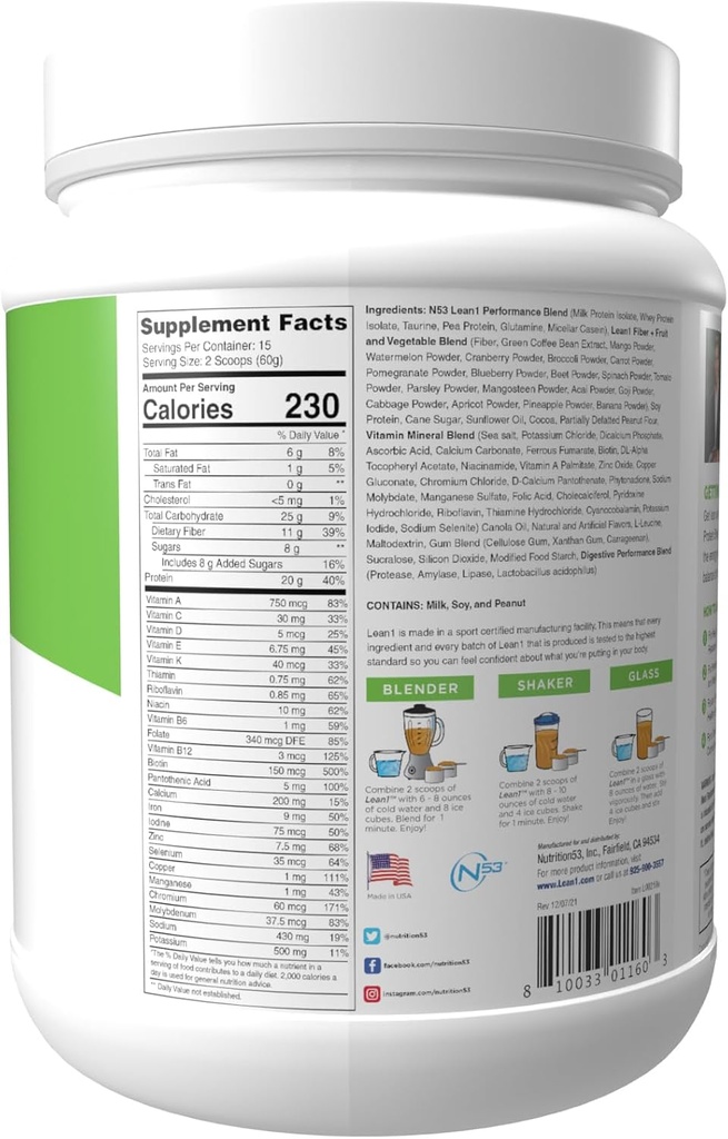 Lean1 Meal Replacement Protein Powder, Chocolate Peanut Butter Flavor, 15-Serving Tub. 4