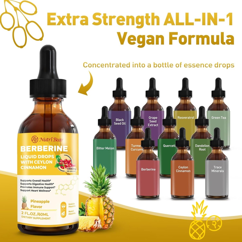 Berberine Supplement with Ceylon Cinnamon, Berberine HCL Liquid Drops with Turmeric, Bitter Melon, Quercetin, 10X Strength AMPK for Digestion System, Immune Health Support -Vegetarian, 2 fl oz 3