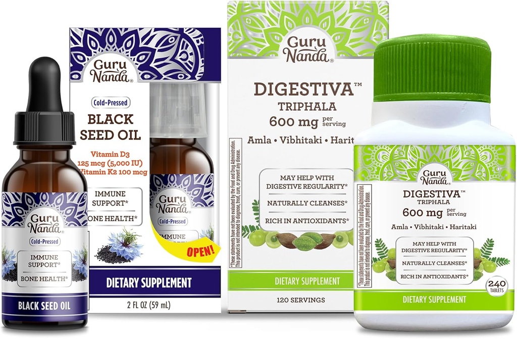 GuruNanda Black Seed Oil, Cold-Pressed Nigella Sativa - Rich in Vitamin D3 5000 Units & Digestiva Triphala (240 Tablets), Supports Digestion, Helps with Bloating 2