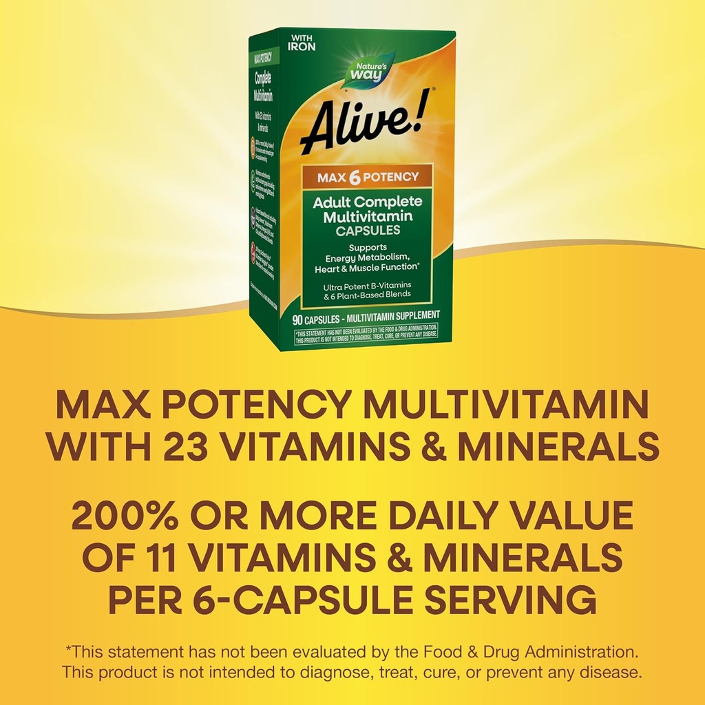 Nature's Way Alive! Max6 Potency Adult Complete Multivitamin, with Iron, Vitamins A, C, E & B-Vitamins Including Methylated B12 & Folate, Supports Energy Metabolism*, 90 Capsules (Packaging May Vary) 5