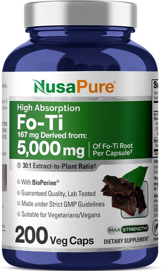 NusaPure Fo-Ti 30:1 Extract, 167 mg Equivalent to 5000mg per Veg Caps, 200 Count, Non-GMO, Vegan, Bioperine 2