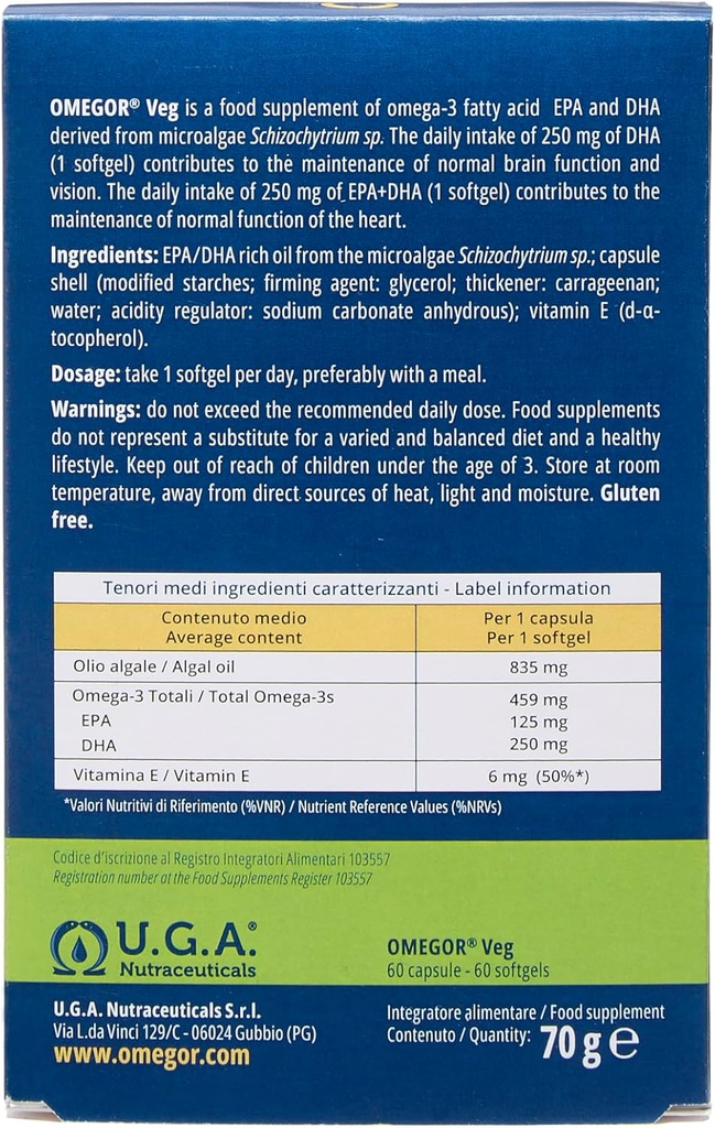 Vegan Omega 3 Supplement OMEGOR Veg - Algae Oil Omega 3 with 250mg EPA and 125mg DHA with Vitamin E - Vegan Society and IFOS Certified (60 Caps) 4
