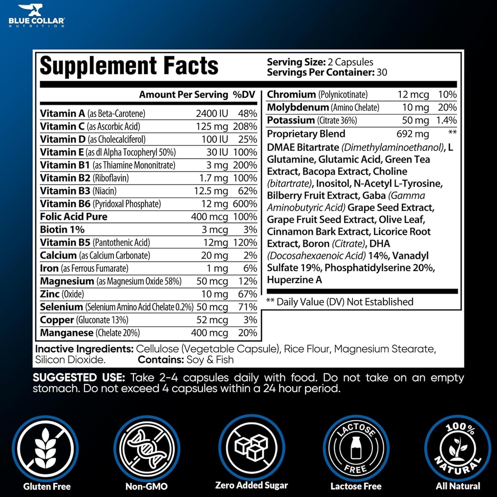Mind Fuel Brain Supplements for Memory and Focus, Boost Brain’s Health & Mental Clarity, Men's Multivitamin Memory Supplement for Brain, Nootropics Brain Support Supplement for Men/Women (60 Capsules) 4