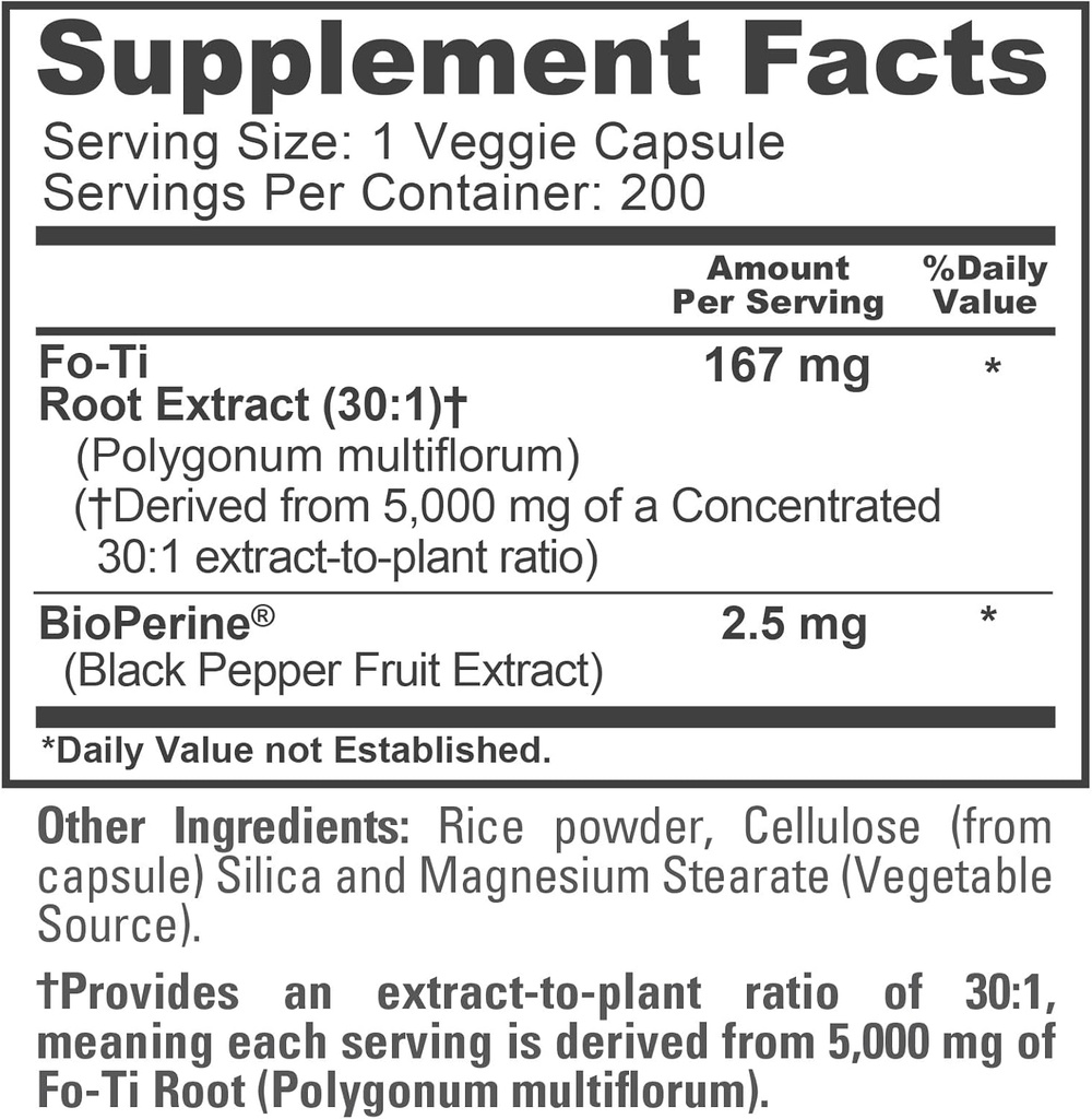 NusaPure Fo-Ti 30:1 Extract, 167 mg Equivalent to 5000mg per Veg Caps, 200 Count, Non-GMO, Vegan, Bioperine 5