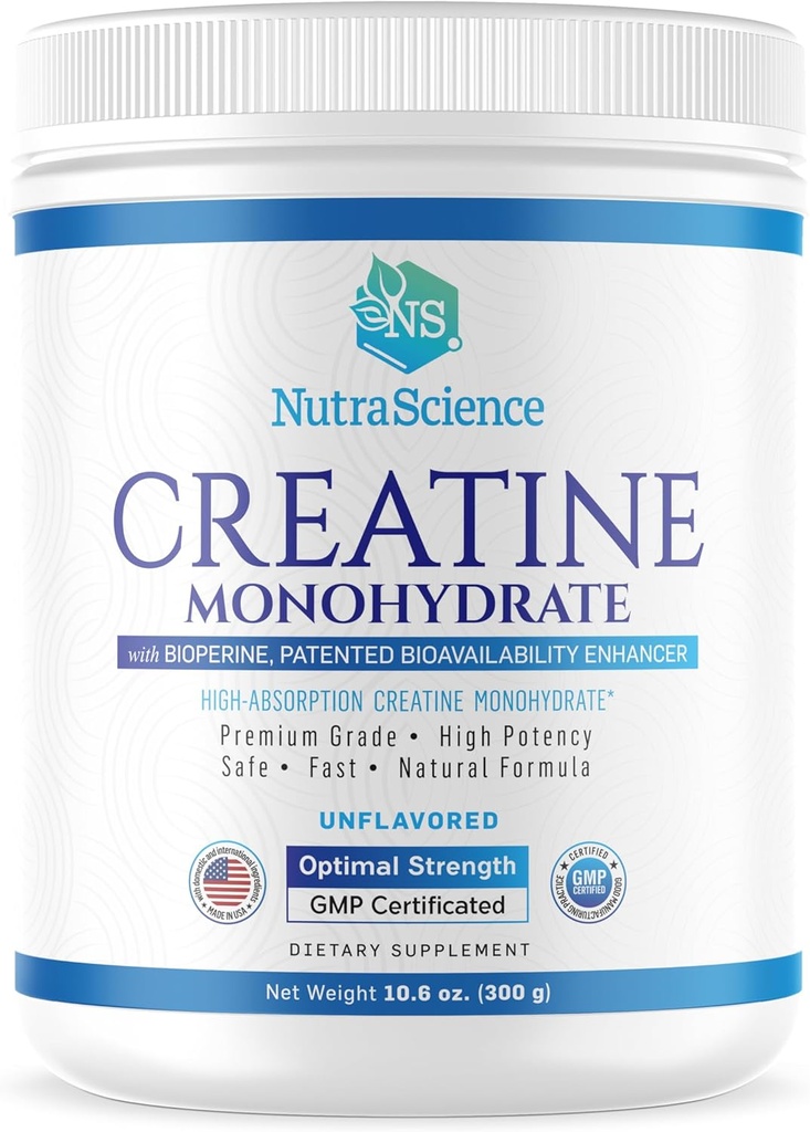 NutraScience Creatine Monohydrate Powder with BioPerine, Supports Lean Muscle Growth and Recovery, 60 Servings, 5000mg Per Serving, Unflavored, GMP sertified, Vegan Friendly, Non GMO 2