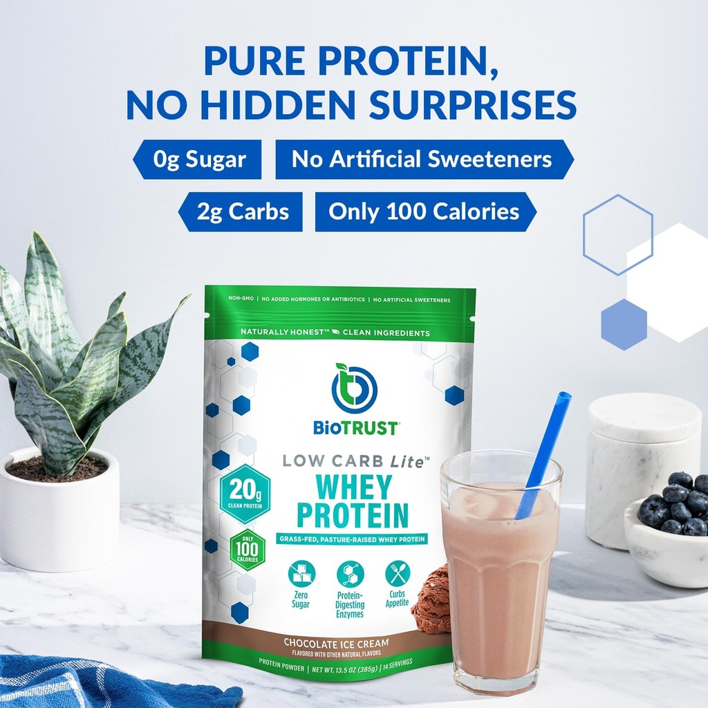 BioTrust Low Carb Lite, 20 Grams of Grass-Fed Whey Protein Isolate, 100 Calories, ProHydrolase Digestive Enzymes, Non-GMO, Free from Soy and Gluten, rBGH-Free (14 Servings) (Chocolate Ice Cream) 5