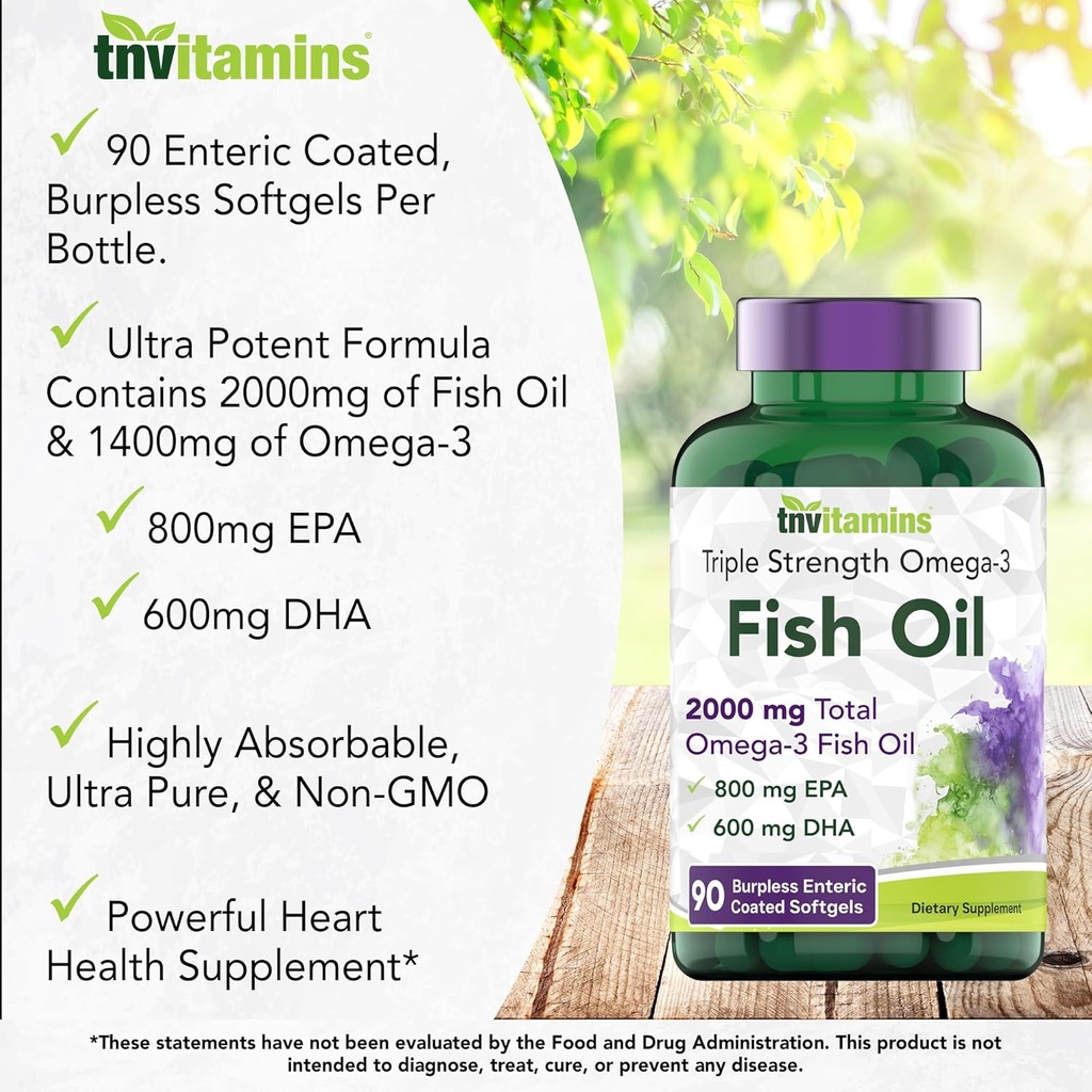 tnvitamins Burpless Omega-3 Fish Oil: 2000mg - 90 Softgels | 1400mg Total Omega-3 Fatty Acids (800mg EPA & 600mg DHA) | Enteric Coated Burpless Ultra Potent Fish Oil | Supports Heart Health 5