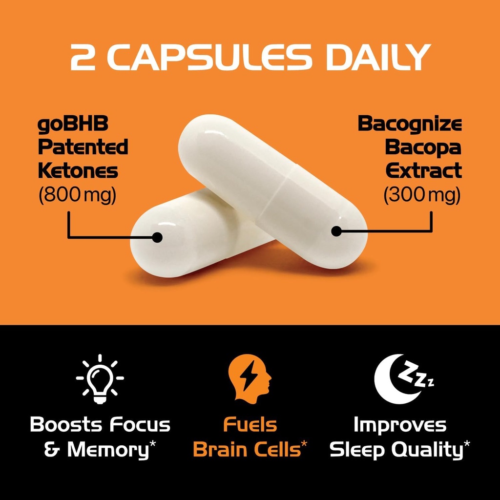 Brain Booster Supplement for Focus - Clinically Validated Nootropics Brain Support Supplement with Bacopa Monnieri Extract & Patented goBHB for Cognitive Support - 3rd Party Tested (30 Servings) 4