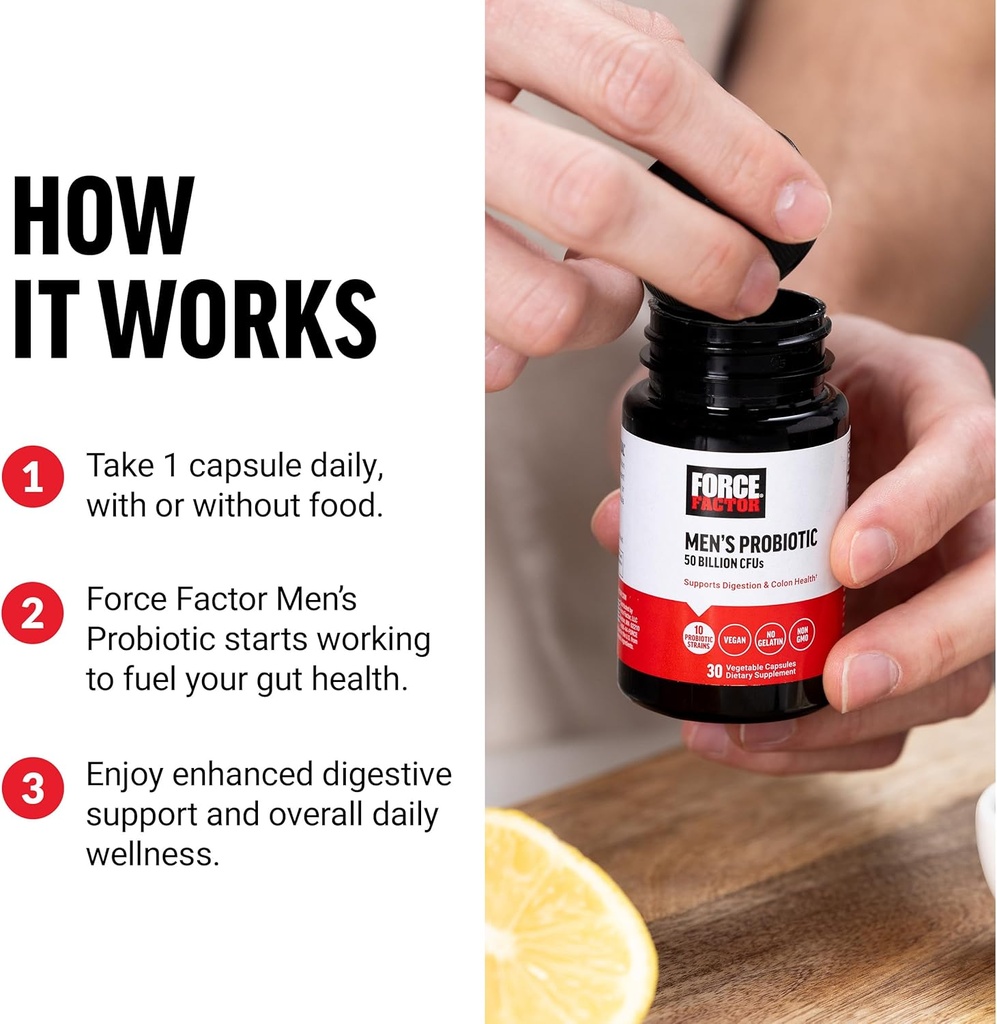 FORCE FACTOR Men’s Probiotic, Probiotics for Digestive Health with 50 Billion CFUs and 10 Probiotic Strains to Support Gut and Colon Health, and Daily Wellness, Non-GMO, Vegan, 30 Vegetable Capsules 5
