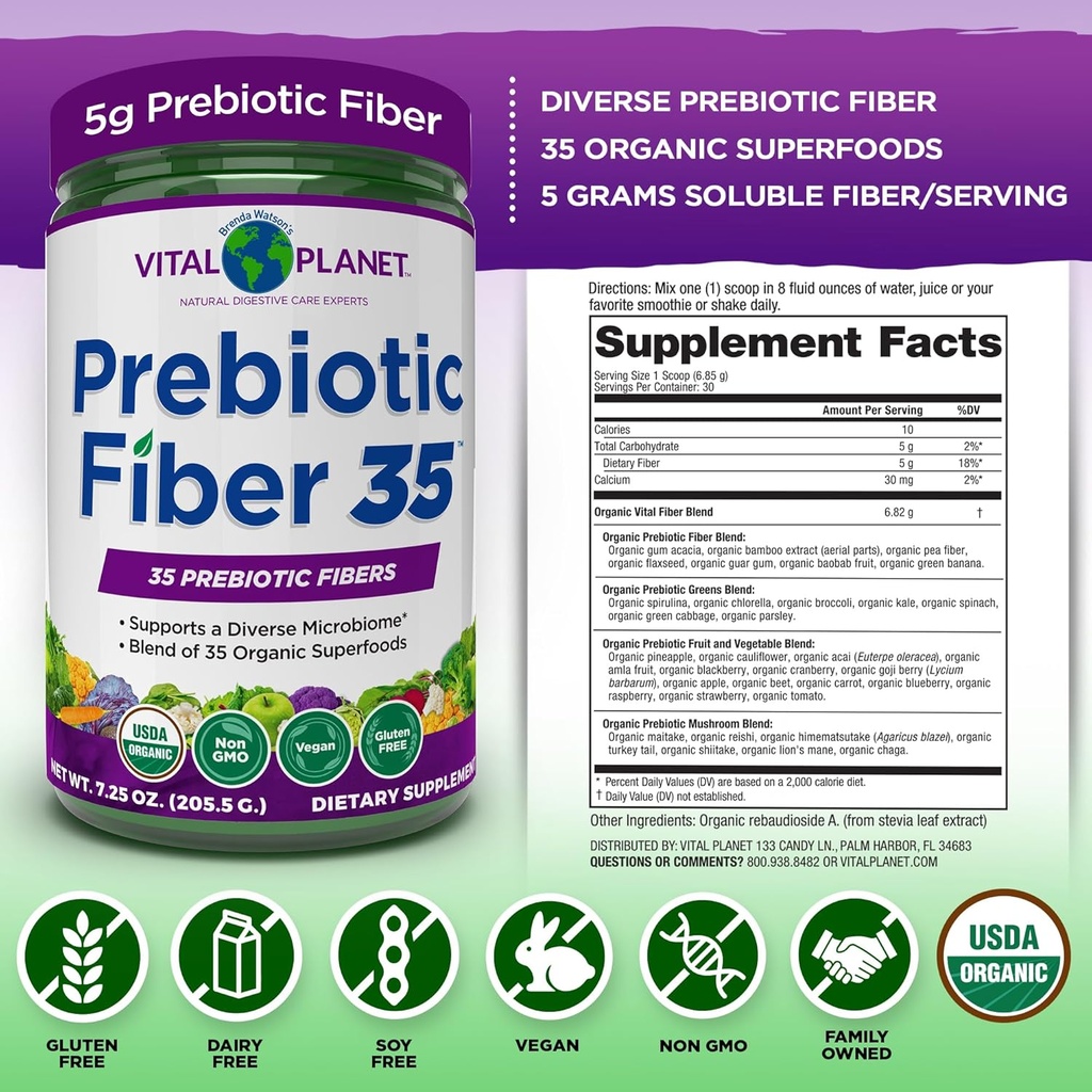 Vital Planet - Fiber 35 Powder Diverse Fiber Supplement for Dietary Support and Occasional Constipation with 35 Prebiotic Fibers and 35 Organic Superfoods to Maintain Bowel Regularity, 6.77 oz 3
