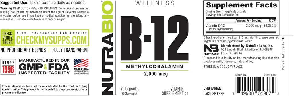 NutraBio Methyl B-12 Vitamin Supplement, 2000mcg – Promotes Cellular Health and Wellness, 90 Vegetable Capsules 4