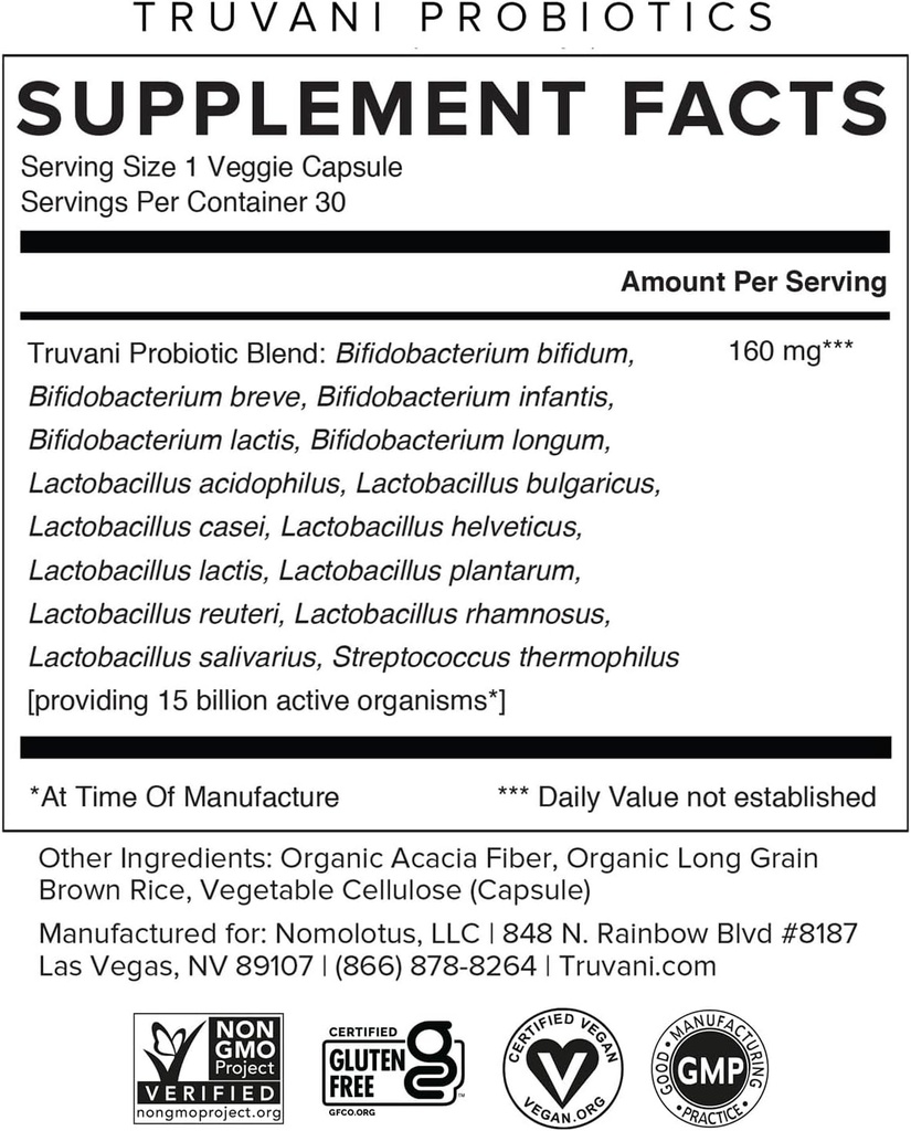Truvani Probiotic Supplement | 30 Servings | 15 Billion CFU | 15 Diverse Strains for Digestive, Immune & Brain Health Support | Shelf-Stable Vegan Capsules | Non-GMO, No Fillers 3