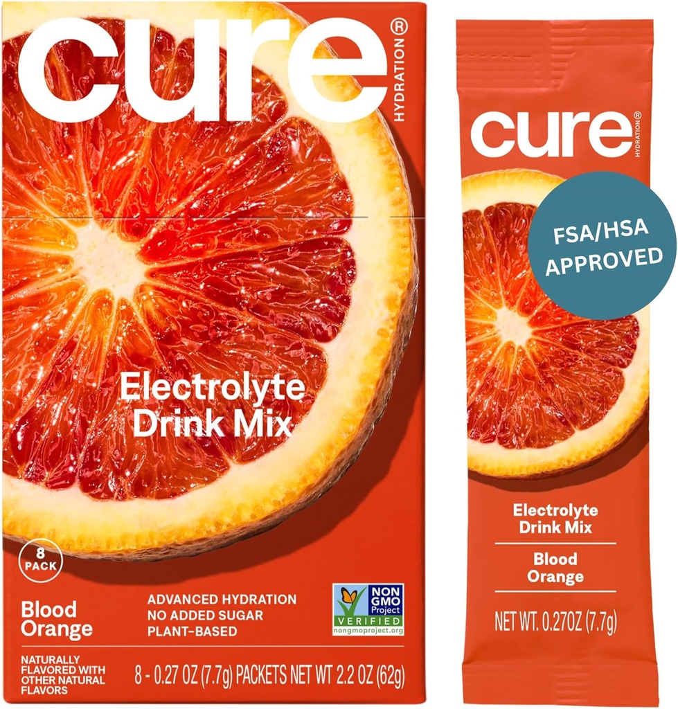 Cure Hydration | Plant-Based Electrolyte Drink Mix | No Added Sugar | Dehydration Relief Powder Made with Coconut Water | Non-GMO | Vegan | Box of 8 Packets - Blood Orange 2