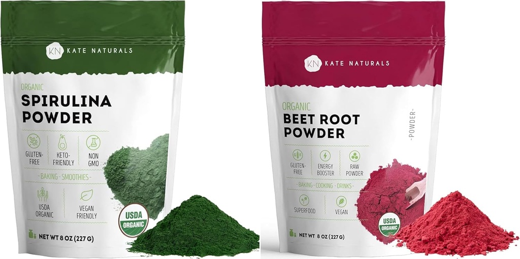 Kate Naturals Organic Spirulina Powder and Beet Root Powder Bundle 2