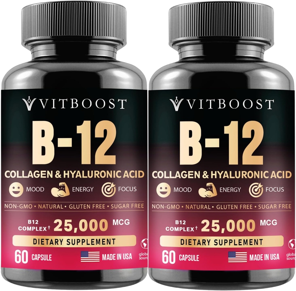 B12 Methylcobalamin with Hyaluronic Acid, Collagen, and Folate – 25000 mcg Supplement Enhance Absorption & Boost Energy | Gluten-Free, Made in USA, B1, B2, B3, B6, B7 Complex - Pack of 2 2