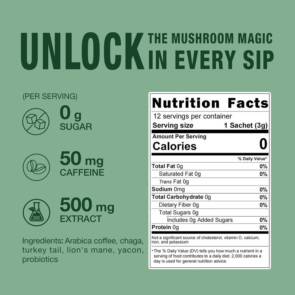ECO-TASTE Mushroom Coffee Mix, Designed for Gut-Health with Chaga, Lion's Mane, Turkey Tail, Yacon and Probiotics – 12 Sachets 3