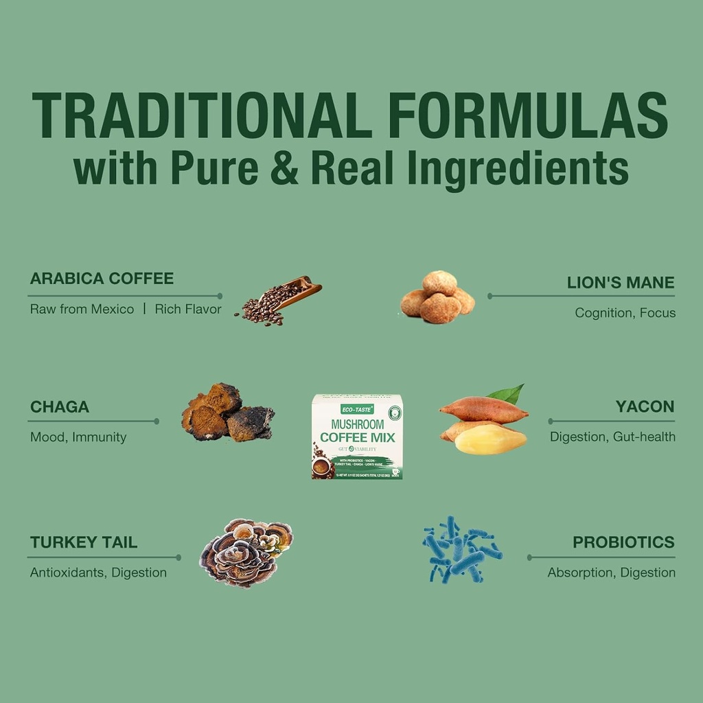 ECO-TASTE Mushroom Coffee Mix, Designed for Gut-Health with Chaga, Lion's Mane, Turkey Tail, Yacon and Probiotics – 12 Sachets 4