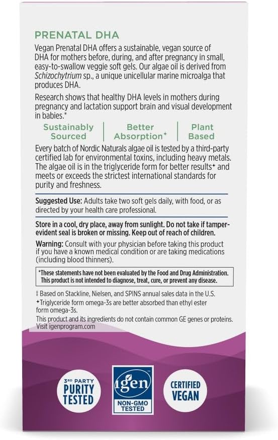 Nordic Naturals Vegan Prenatal DHA, Unflavored - 60 Soft Gels - 500 mg Plant-Based DHA - Supports Brain Development in Babies & Healthy Pregnancy - Non-GMO - 30 Servings 4