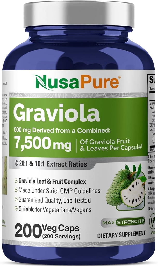 NusaPure Graviola 20:1 & 10:1 Extract, 250 mg Equivalent to 7,500 mg per caps 200 Veggie (Vegan, Non-GMO) 2