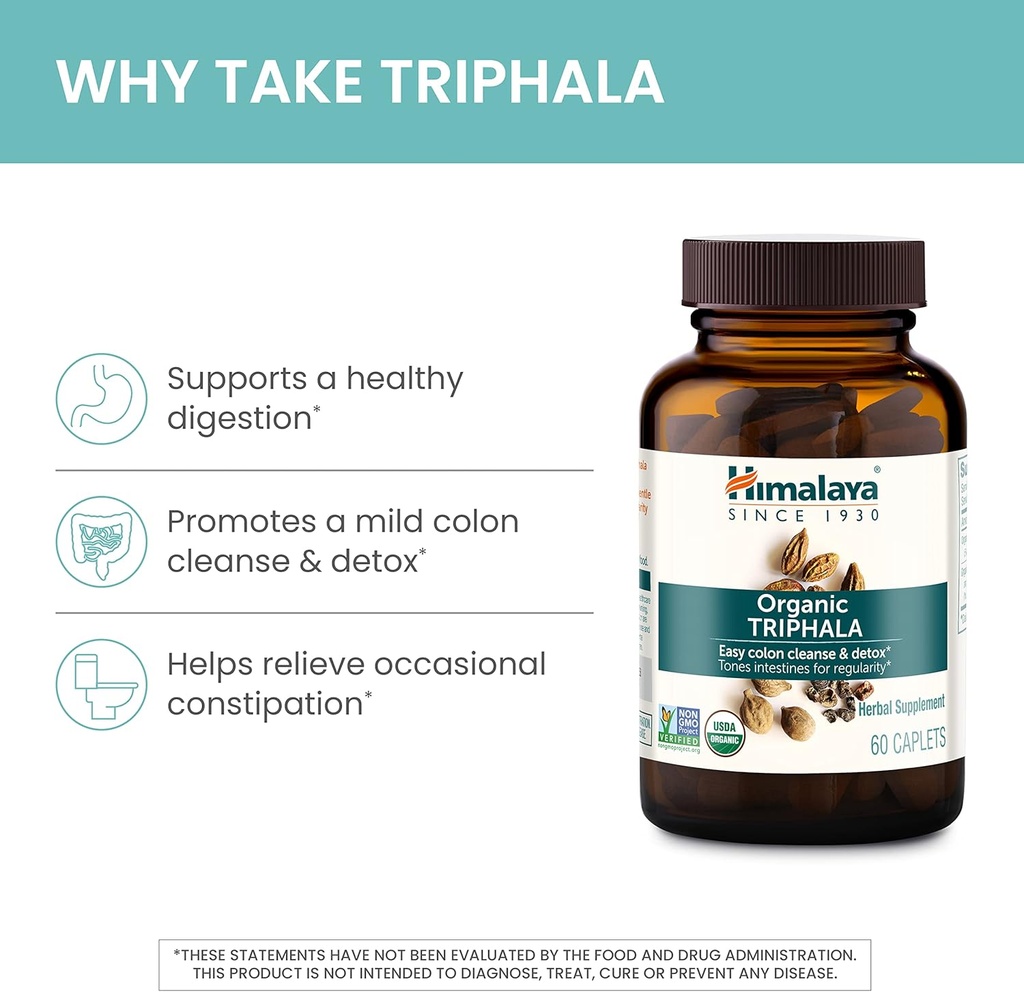 Himalaya Organic Triphala, 90 Day Supply - Digestive Health Supplement for Colon Cleanse & Occasional Bloating and Constipation Relief - USDA Organic, Vegan, Non-GMO, Gluten Free, 688 mg, 90 Caplets 5