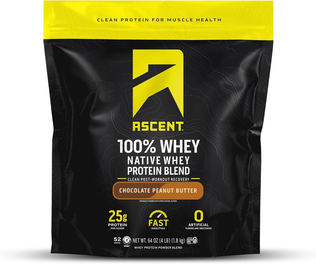 Ascent 100% Whey Protein Powder - Post Workout Whey Protein Isolate, Zero Artificial Flavors & Sweeteners, Gluten Free, 5.5g BCAA, 2.6g Leucine, Essential Amino Acids, Chocolate Peanut Butter 4 lb 2