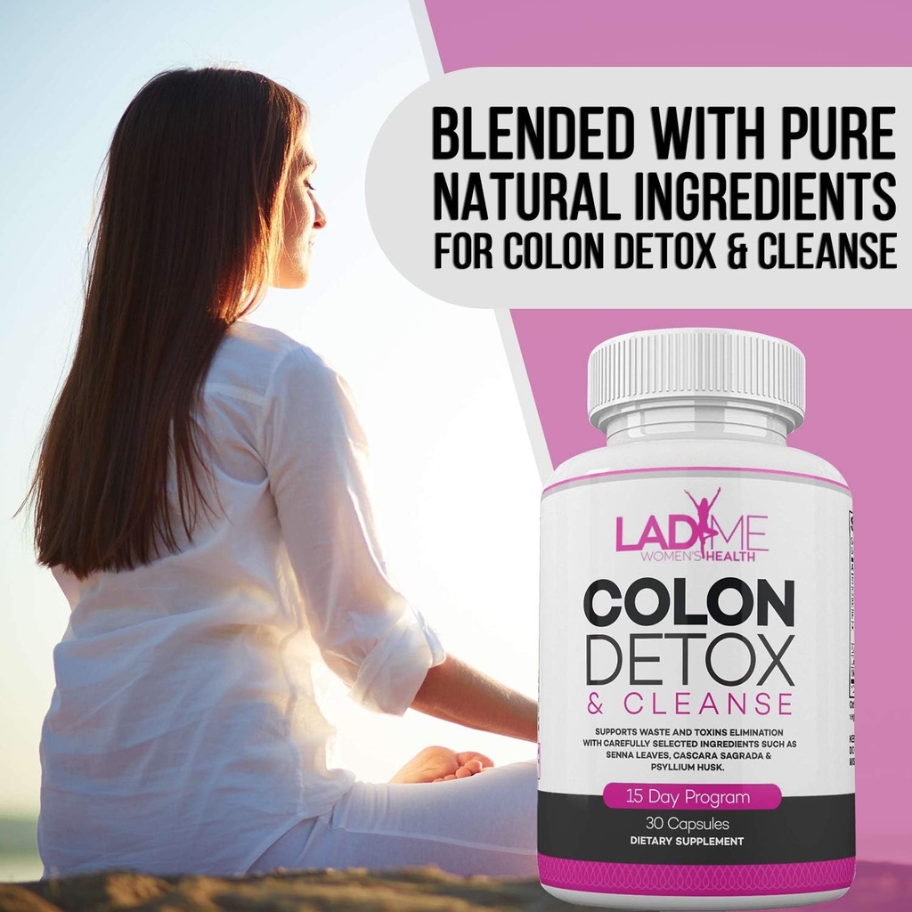 Pure Colon Cleanse & Detox 15 Day Program - Herbal Laxative Constipation Relief with Psyllium Husk, Cascara Sagrada & Senna Leaves - Special Women Intestinal Cleanser by Ladyme - 30 Capsules 5