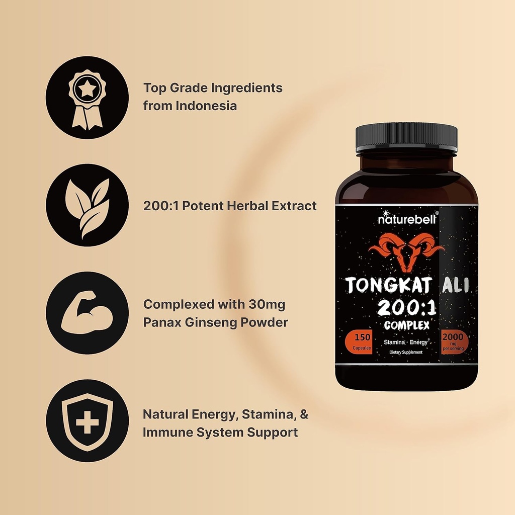 Tongkat Ali 200:1 (Longjack) Extract for Men, 2000mg Per Serving, 150 Capsules, Indonesia Origin, Eurycoma Longifolia | with Panax Ginseng for Energy, Stamina, & Male Health Support 5