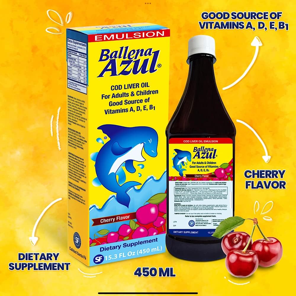 Ballena Azul Aceite de Hígado de Bacalao para Adultos y Niños, COD Liver Oil for Adults and Children,Vitamins A,D,E, B1, Dietary Supplement, Omega 3, Inmune System Boost, Cherry (Cherry 15 OZ) 4