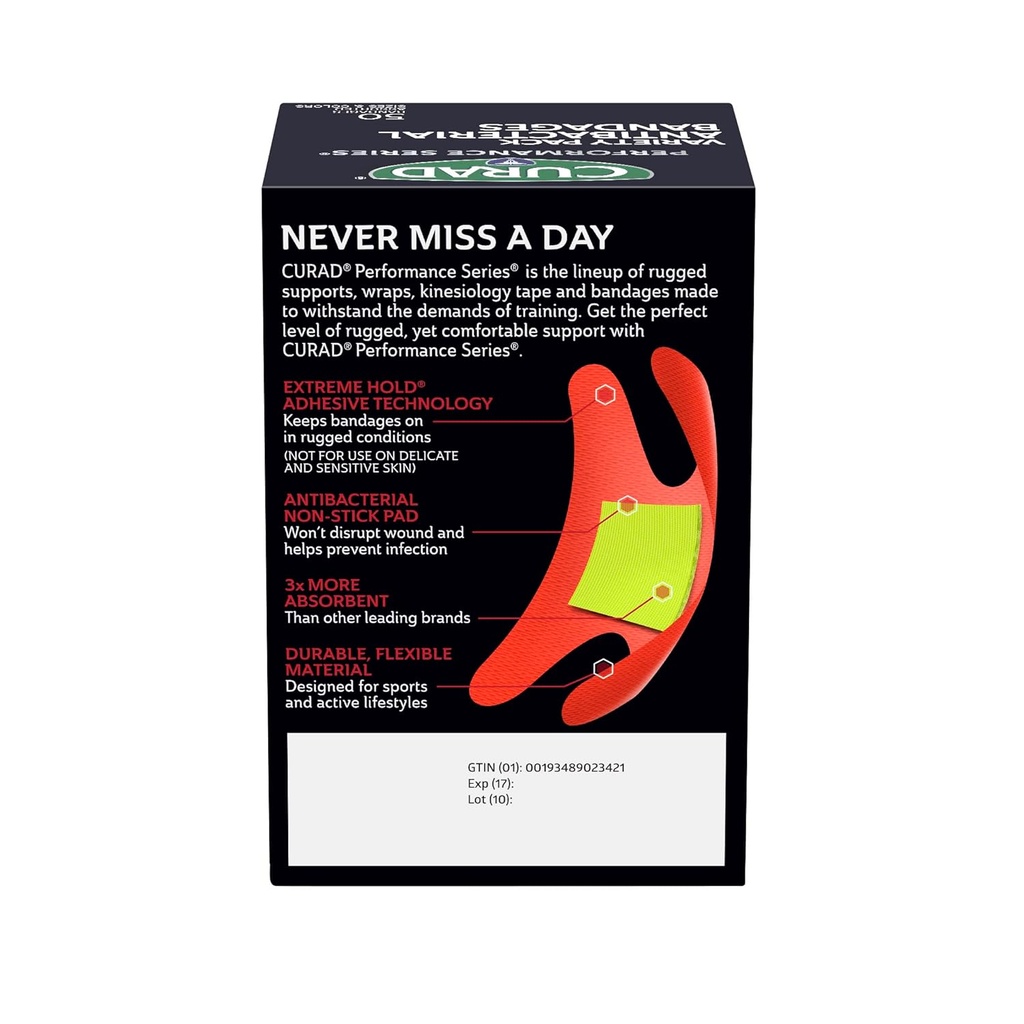 CURAD Performance Series IRONMAN Antibacterial Bandages, Extreme Hold Adhesive Technology, Finger & Knuckle Bandages, Flexible Fabric, Variety Pack with Assorted Sizes & Colors, 50 Count 6