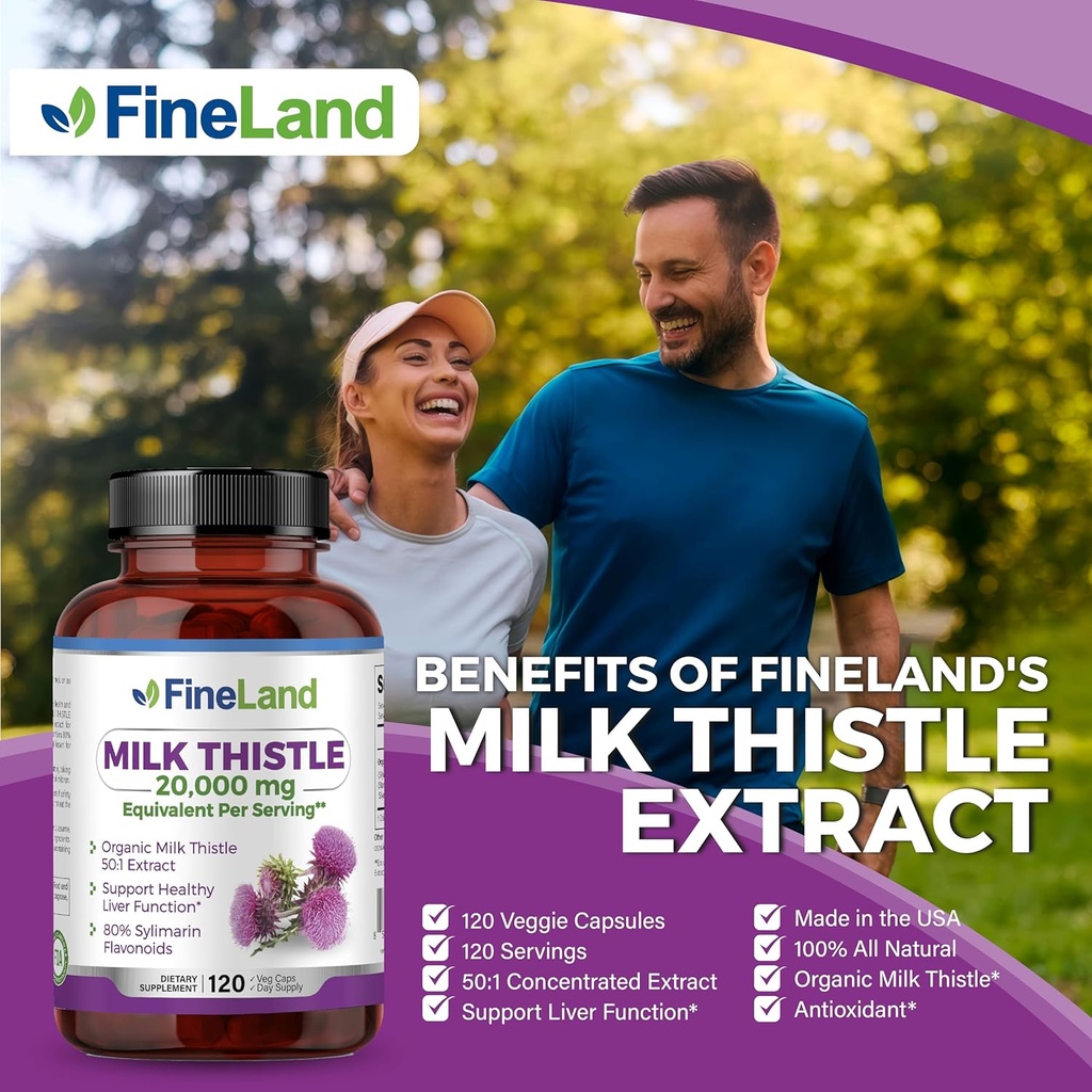 FineLand Milk Thistle Pills 50:1 Extract – 120 Vegan Capsules - 20,000 mg Strenght with 80% Silymarin Flavonoids – Liver & Antioxidant Support | 50X Concentrated Seed Extract - Non-GMO, Made in USA 4
