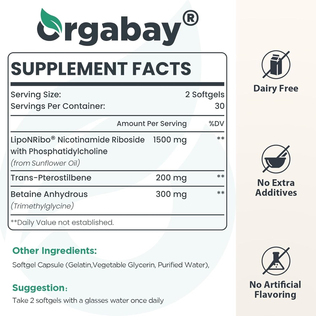Orgabay Liposomal Nicotinamide Riboside 2000 MG with TMG and Pterostilbene, Boosting NAD+, Support Healthy Aging, 180 Count 3