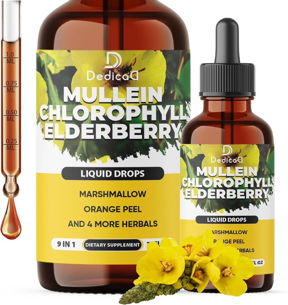 9in1 Organic Mullein Drops for Lungs - Mullein Leaf Extract with Chlorophyll & 7 More Supplement - Lung & Respiratory Health Support of Tincture, Oil - 2 fl oz 2
