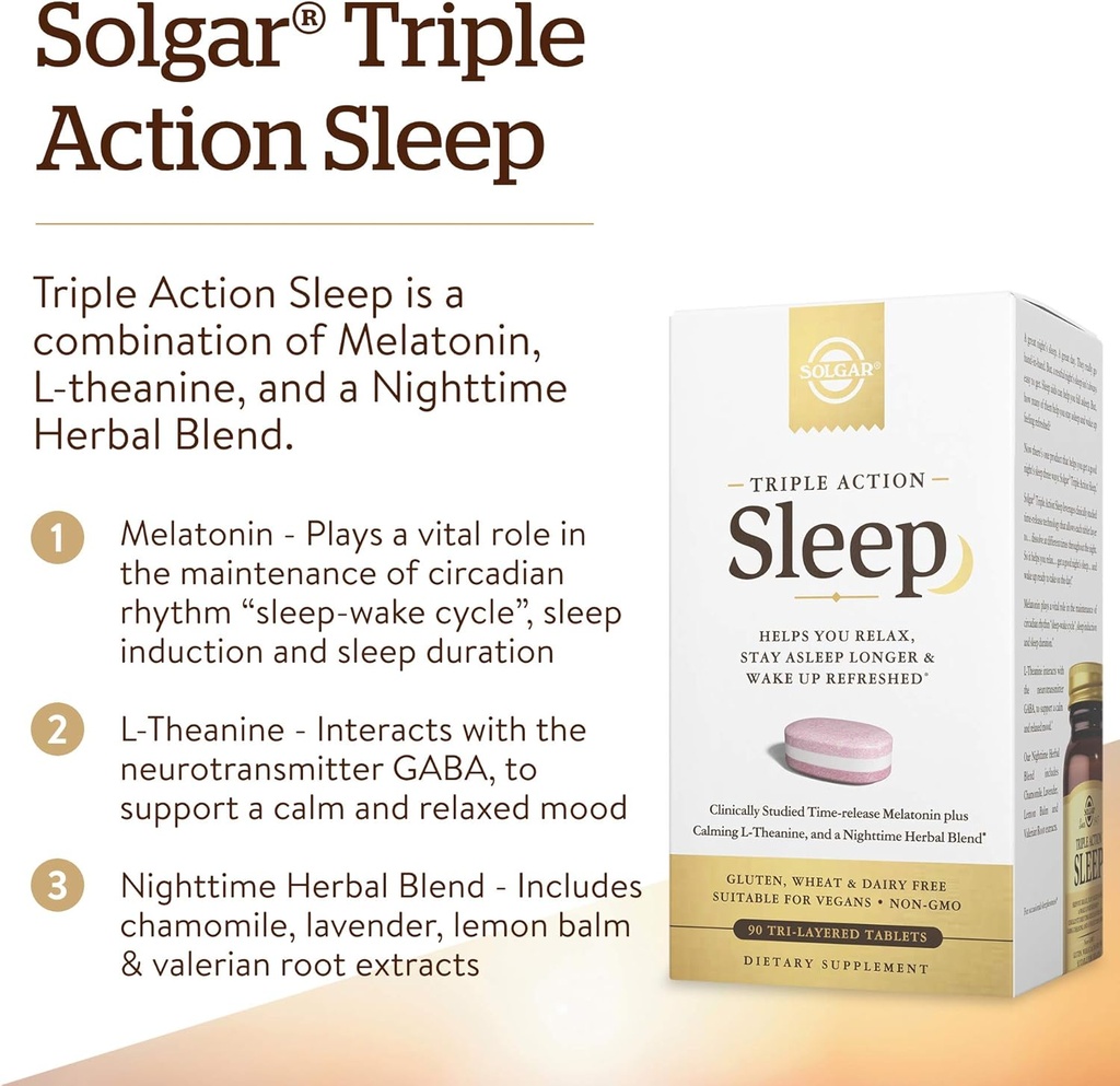Solgar Triple Action Sleep, 60 Tri-Layer Tablets - Time-Release Melatonin & L-Theanine Plus Herbal Blend - Helps You Relax, Fall Asleep Fast & Stay Asleep Longer - Non-GMO, Gluten Free - 60 Servings 4