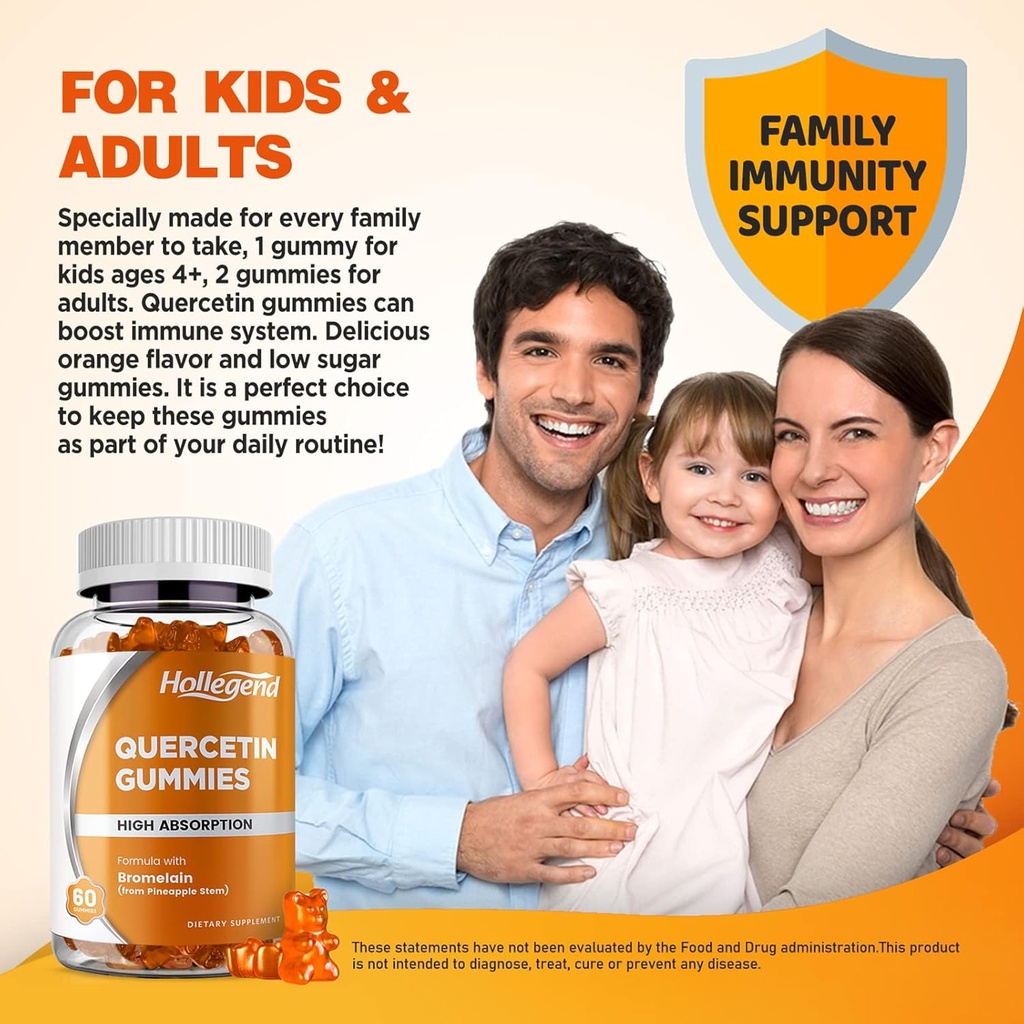 Quercetin with Bromelain Gummies, 1000mg Quercetin Gummies, Adults & Kids Immune Support Gummies, Lung & Respiratory Support, High Absorb, Orange, Low Sugar, Vegan, 60 Count 6