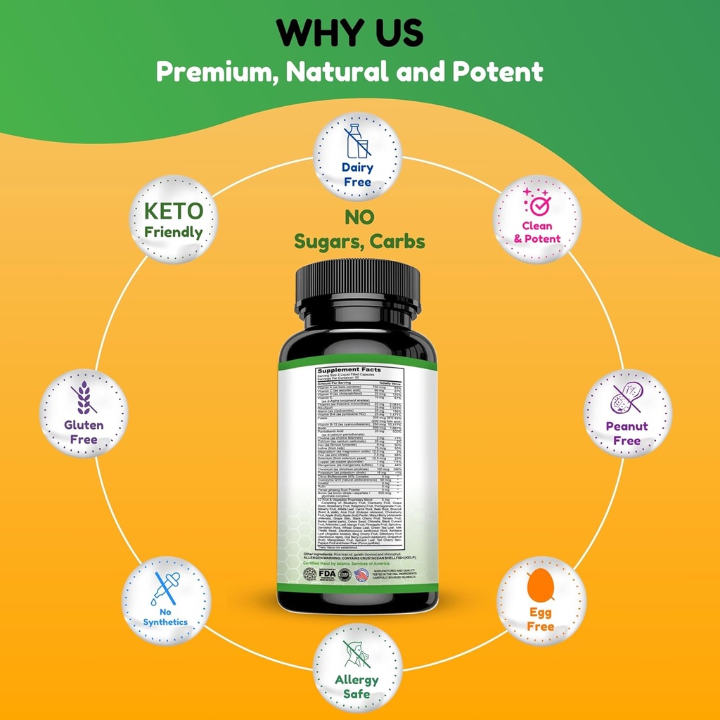 SHIFAA NUTRITION Halal Multivitamins for Women, Men & Adults, 30 Servings | Iron, Vitamin A, B6, B12, Biotin, Niacin, C, D3, E, Zinc, Calcium, Folic Acid, CoQ10 | Halal Vitamins 5